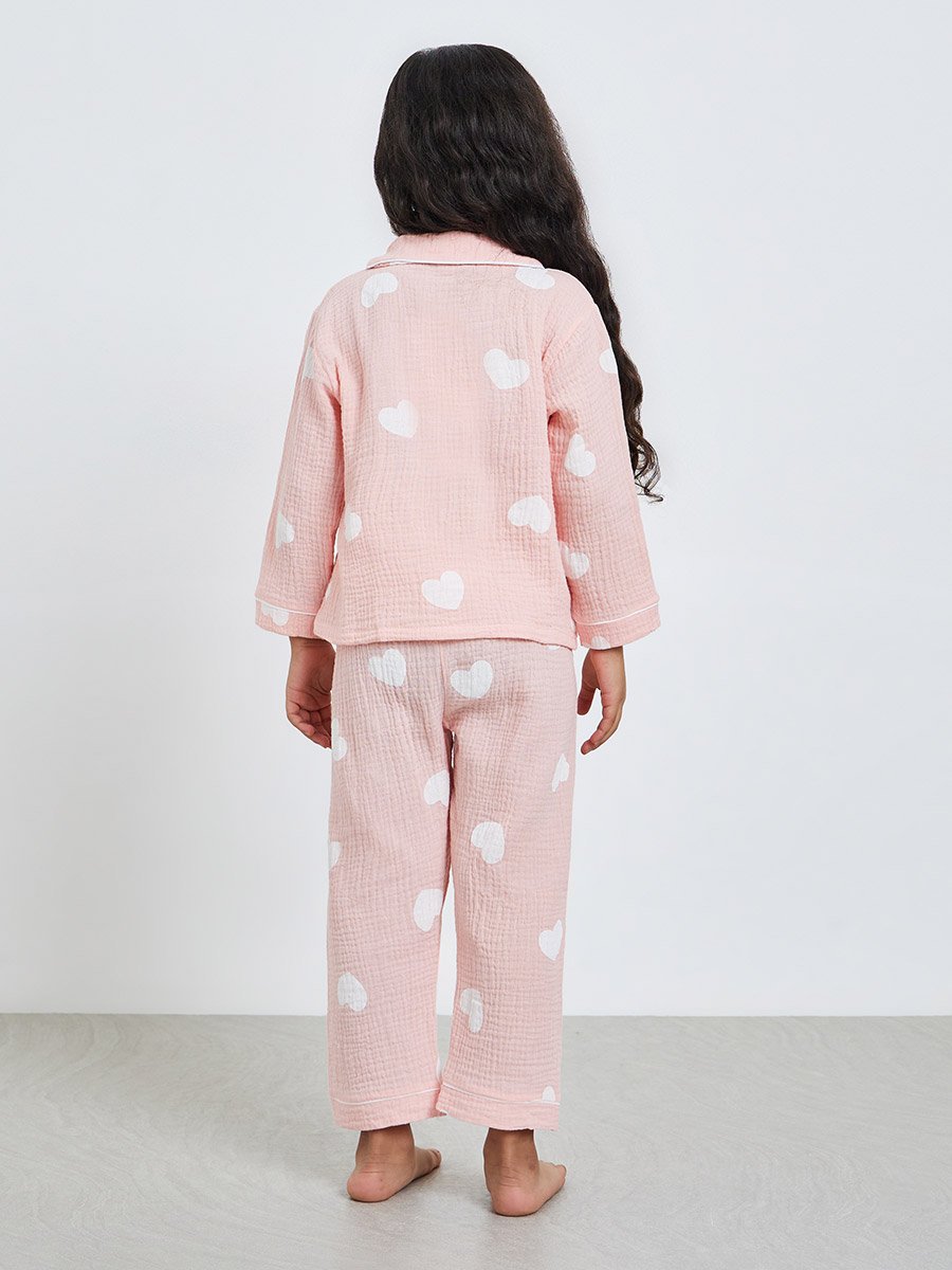 Girls Heart Print Shirt and Pyjama Set
