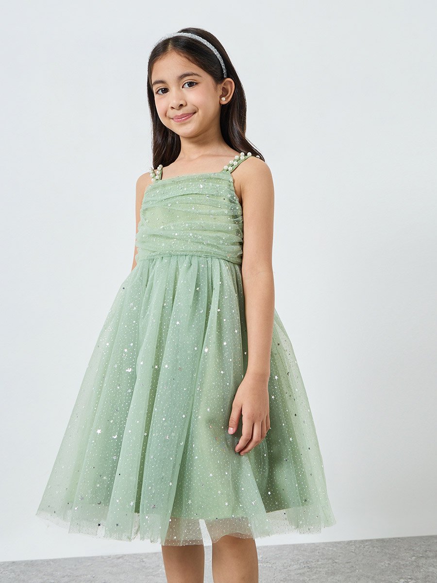 Girls Green Embellished Strappy Mesh Midi Dress For Kids at Bahrain | Styli