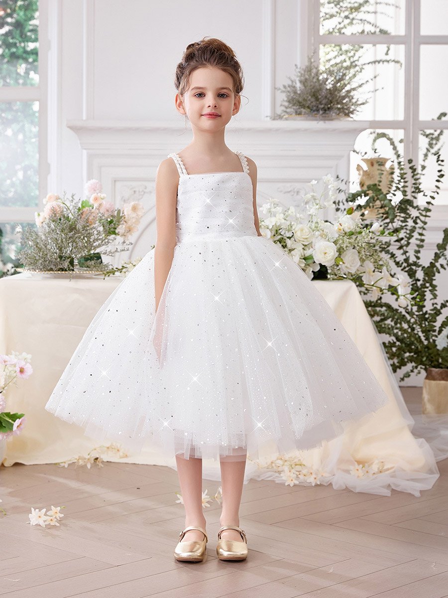 Girls White Embellished Strappy Mesh Midi Dress For Kids at Kuwait | Styli