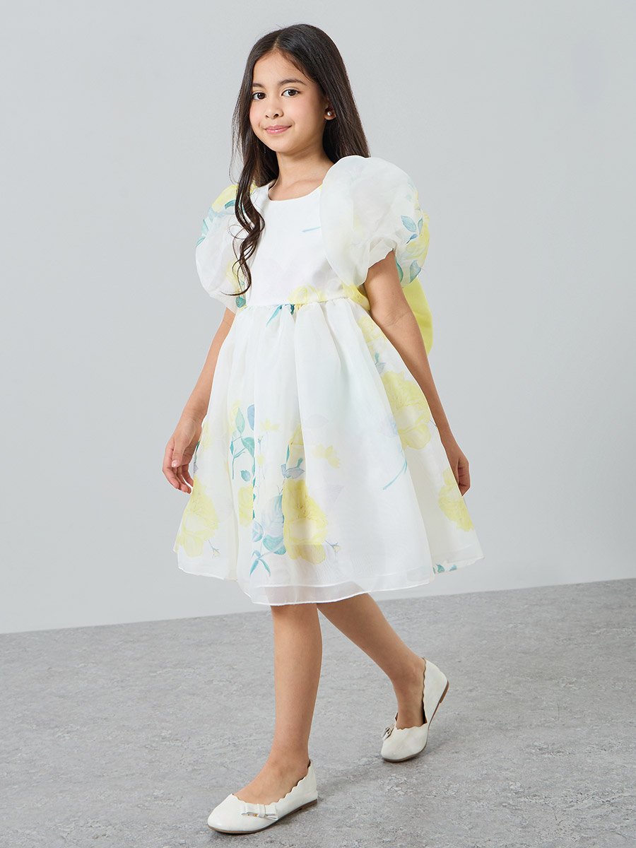 Girls Yellow Floral Print Puff Sleeve Dress