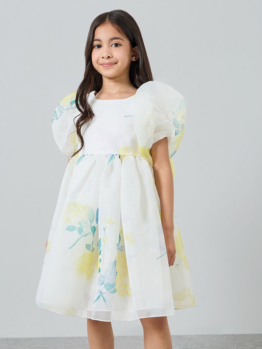 Girls Yellow Floral Print Puff Sleeve Dress