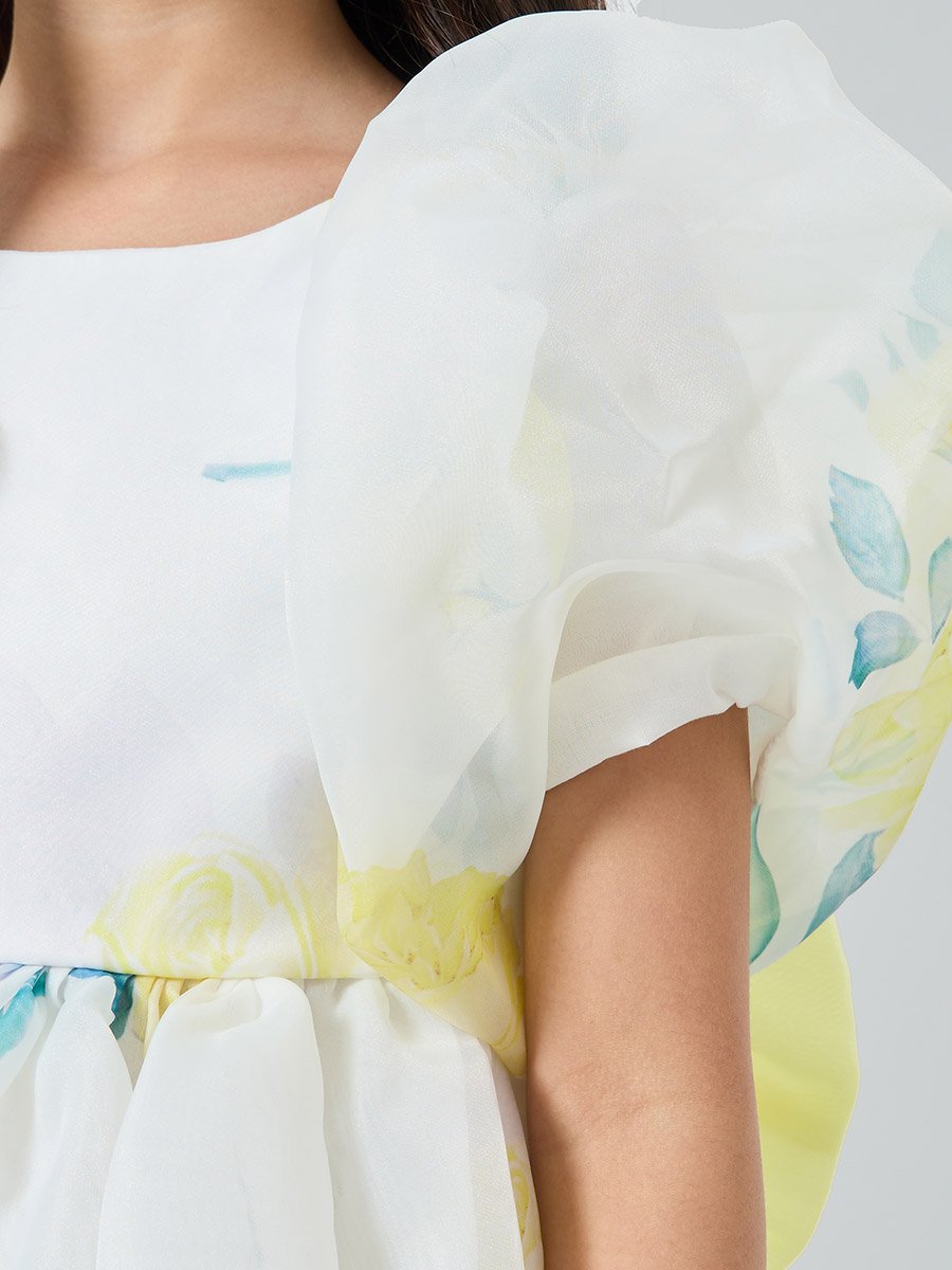 Girls Yellow Floral Print Puff Sleeve Dress