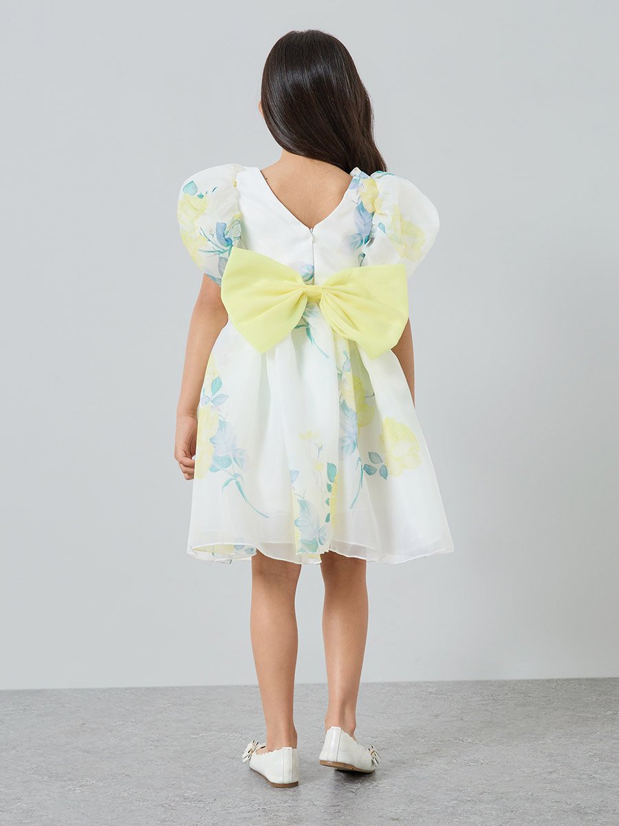 Girls Yellow Floral Print Puff Sleeve Dress