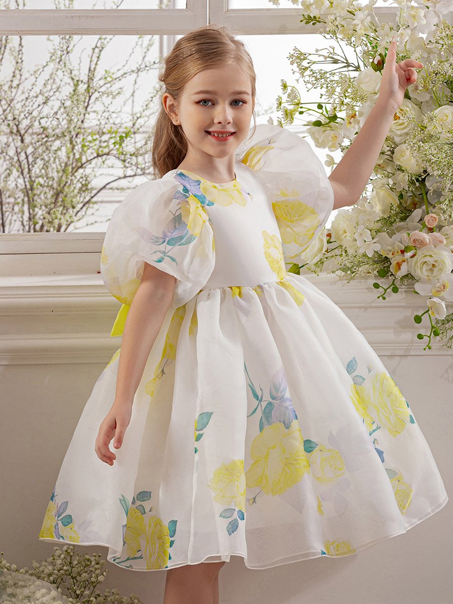 Girls Yellow Floral Print Puff Sleeve Dress