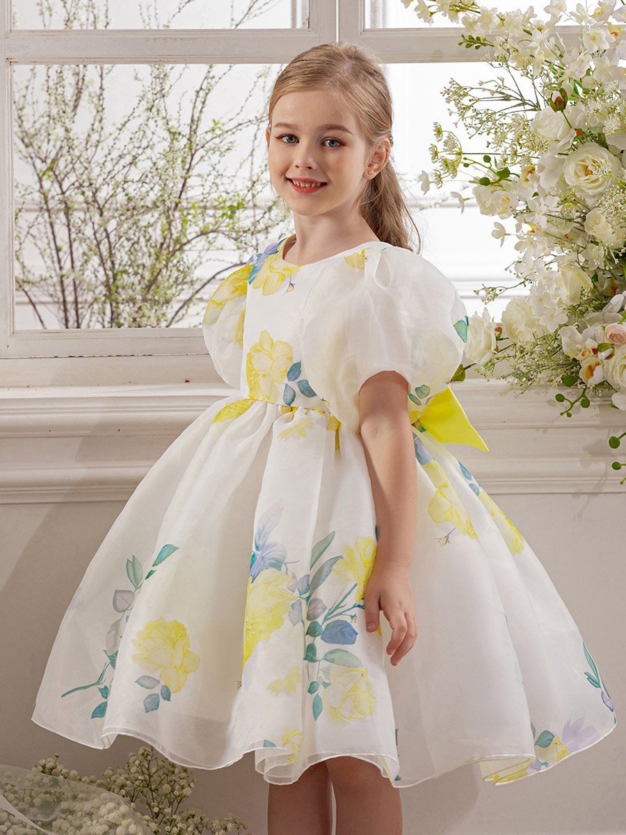 Girls Yellow Floral Print Puff Sleeve Dress