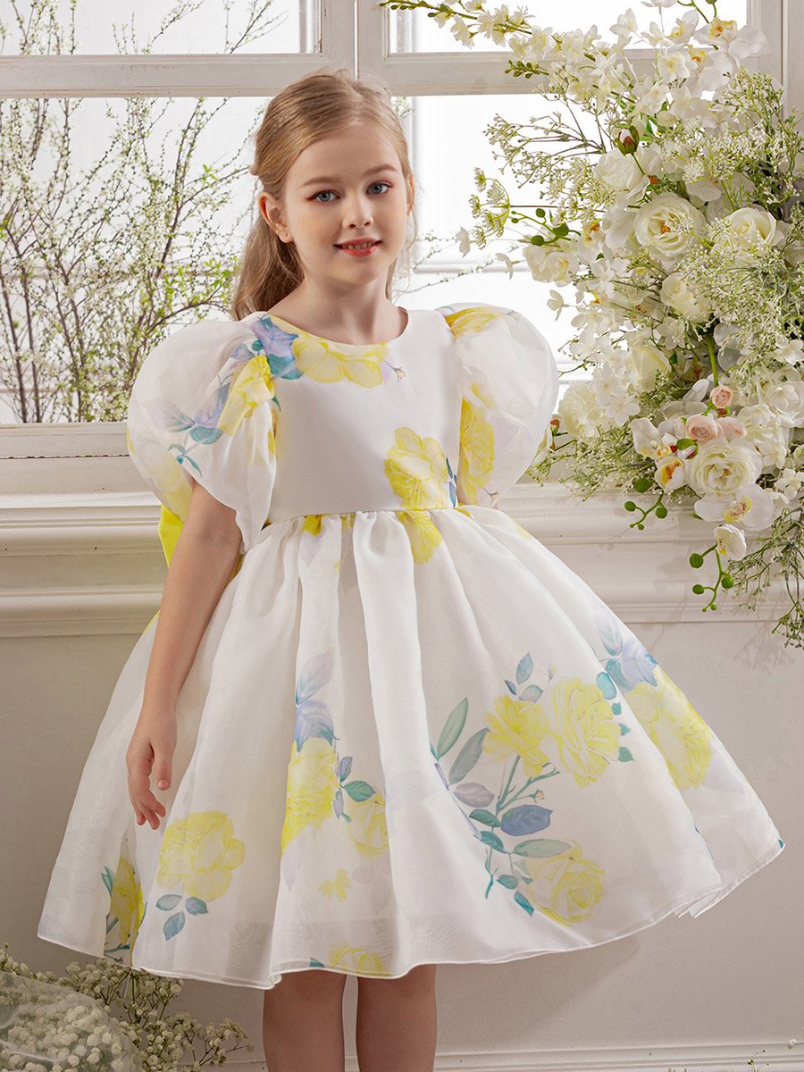 Girls Yellow Floral Print Puff Sleeve Dress