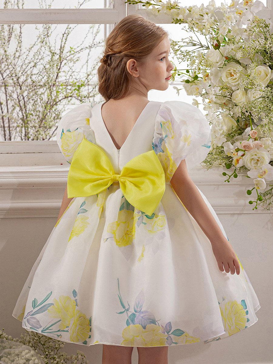Girls Yellow Floral Print Puff Sleeve Dress