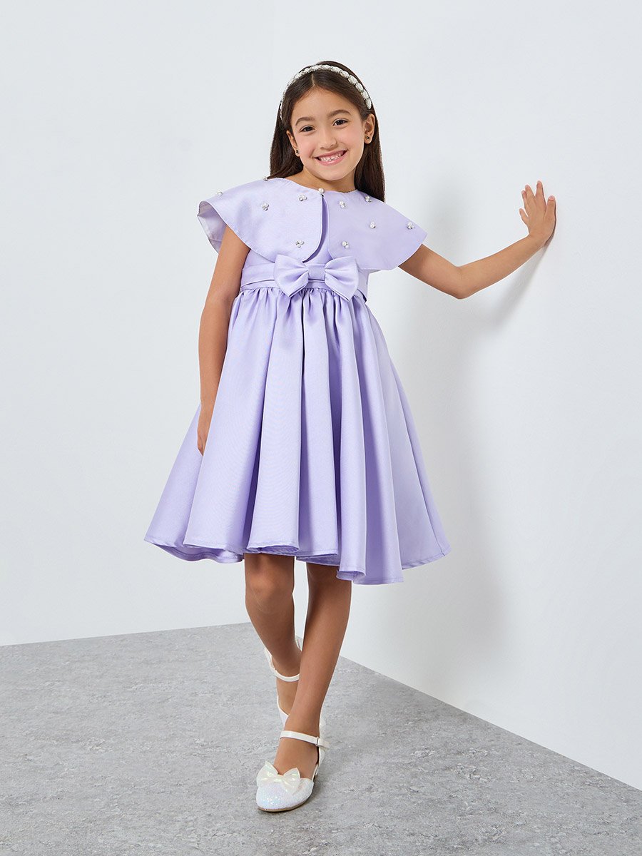 Girls Purple Embellished Dress with Cape
