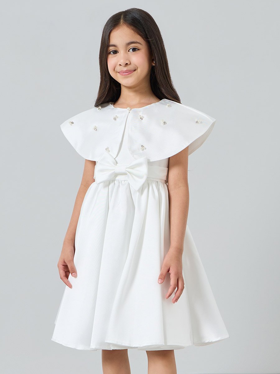 Girls White Embellished Dress with Cape