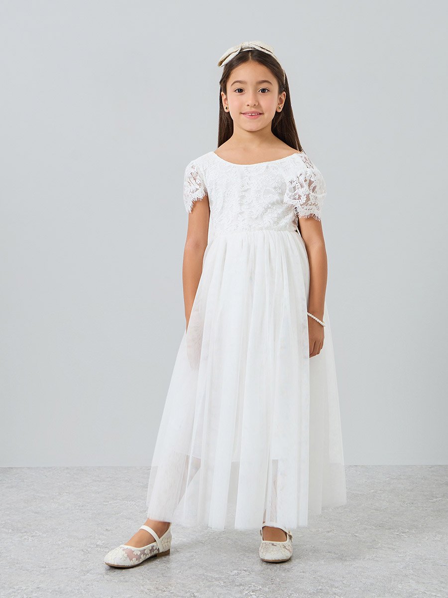 Girls White Lace Puff Sleeve Tulle Maxi Dress