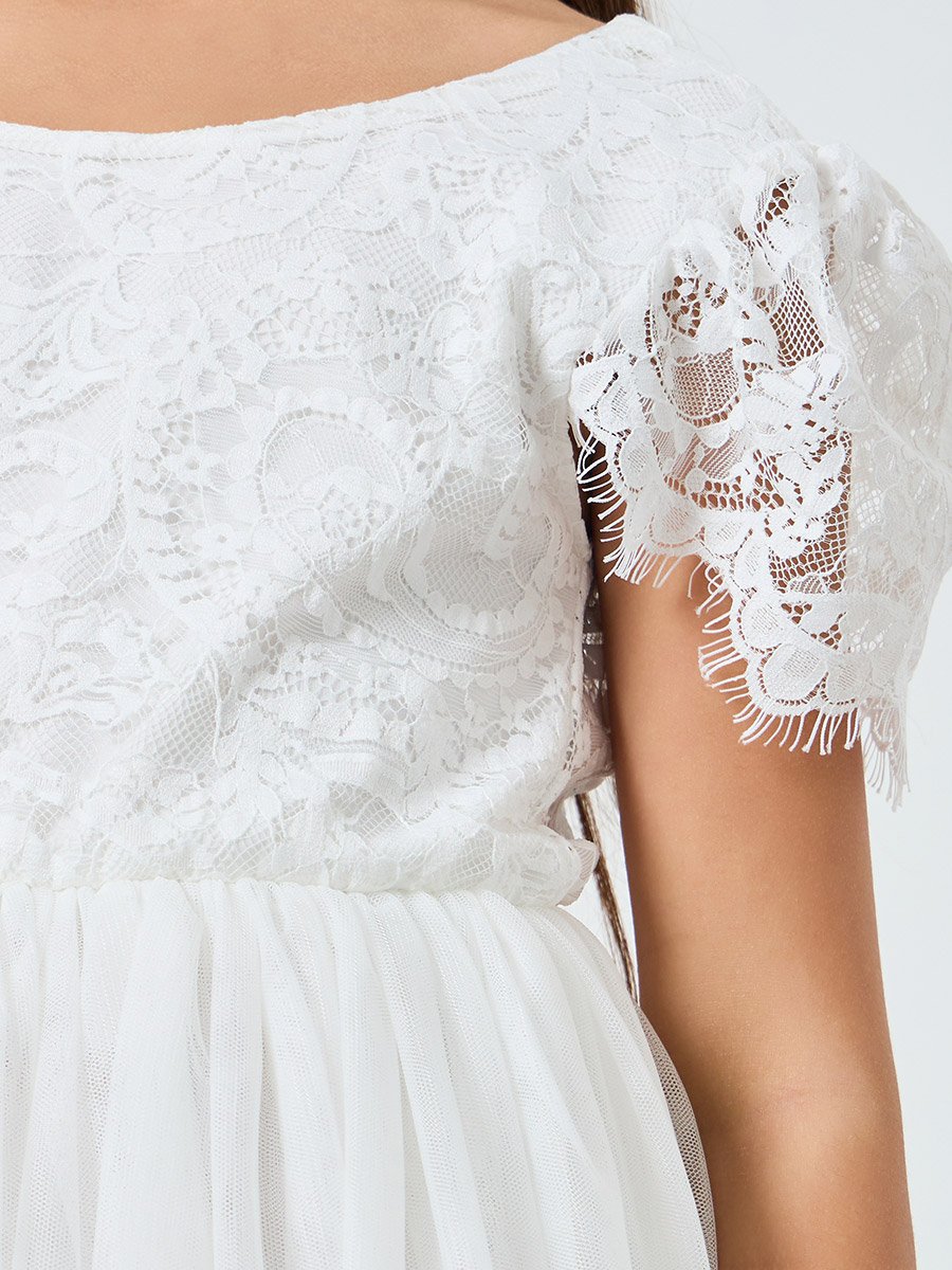Girls White Lace Puff Sleeve Tulle Maxi Dress