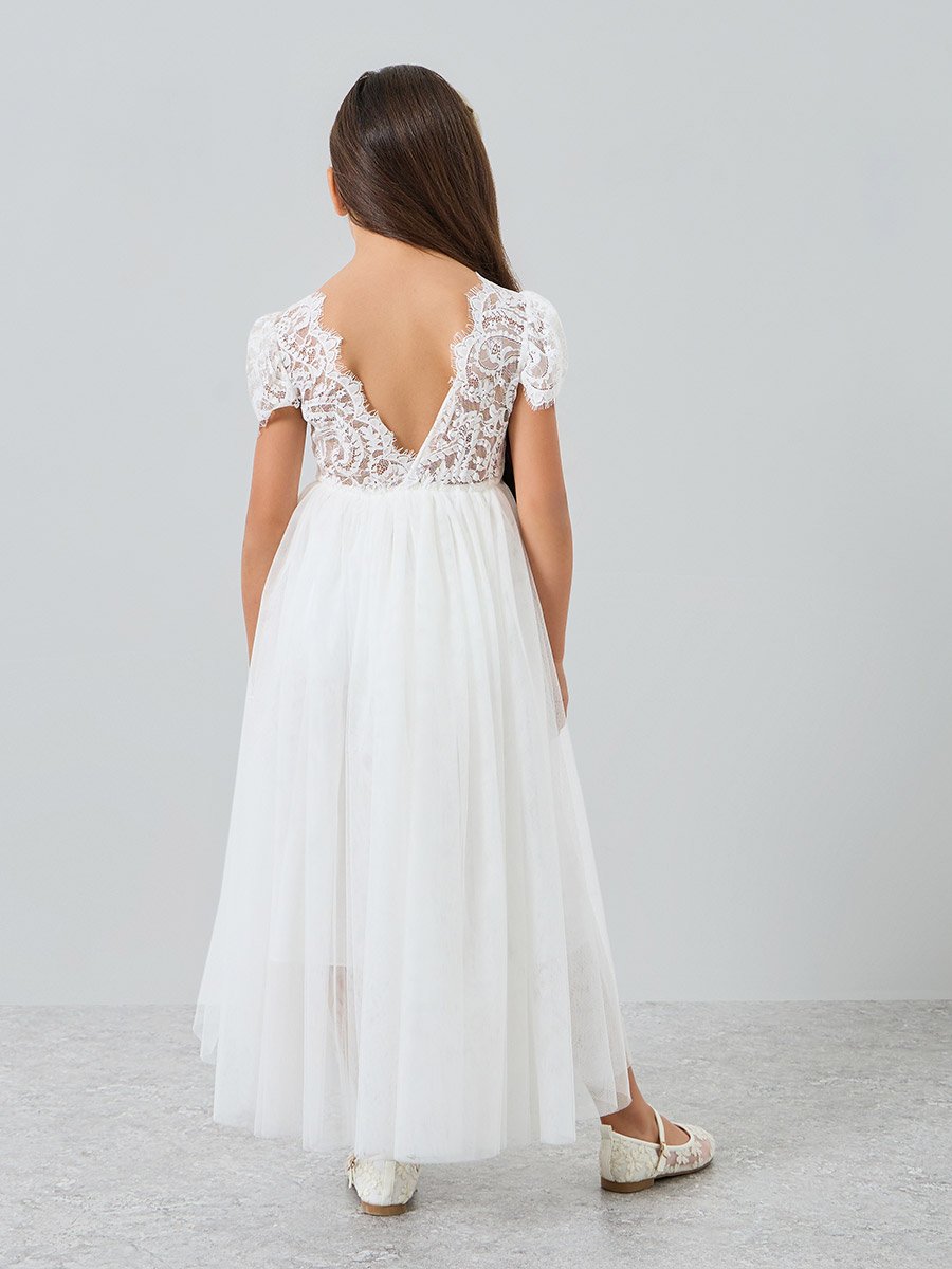 Girls White Lace Puff Sleeve Tulle Maxi Dress