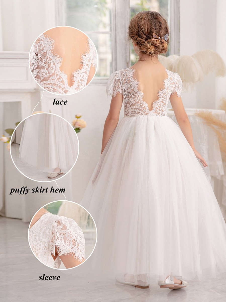 Girls White Lace Puff Sleeve Tulle Maxi Dress