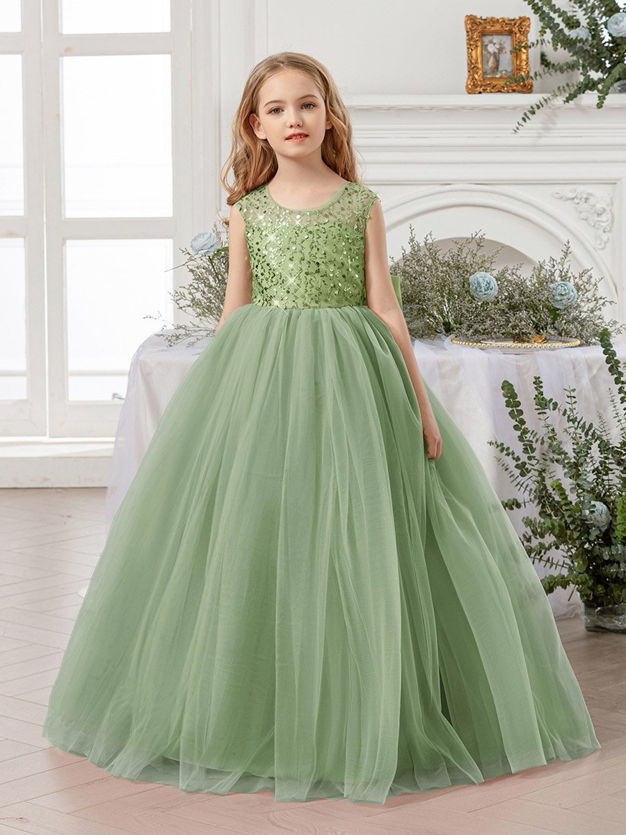 Girls Green Embellished Sleeveless Maxi Dress