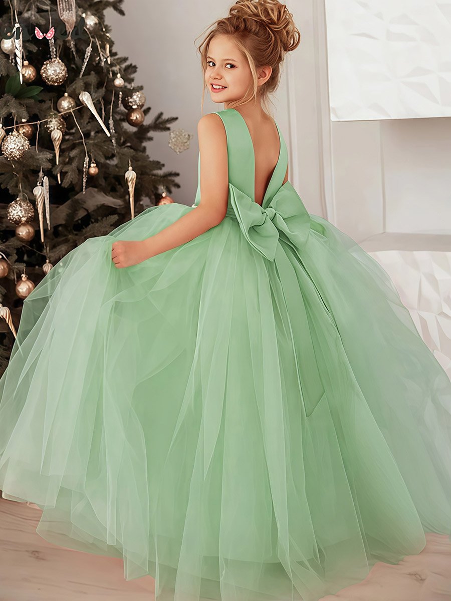 Girls Green Floral Lace Deep V-Back Maxi Dress