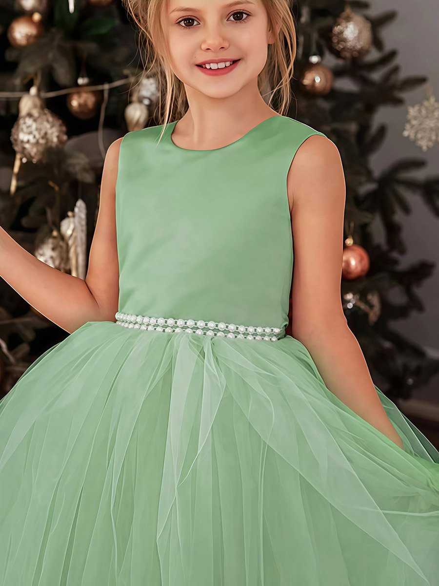 Girls Green Floral Lace Deep V-Back Maxi Dress