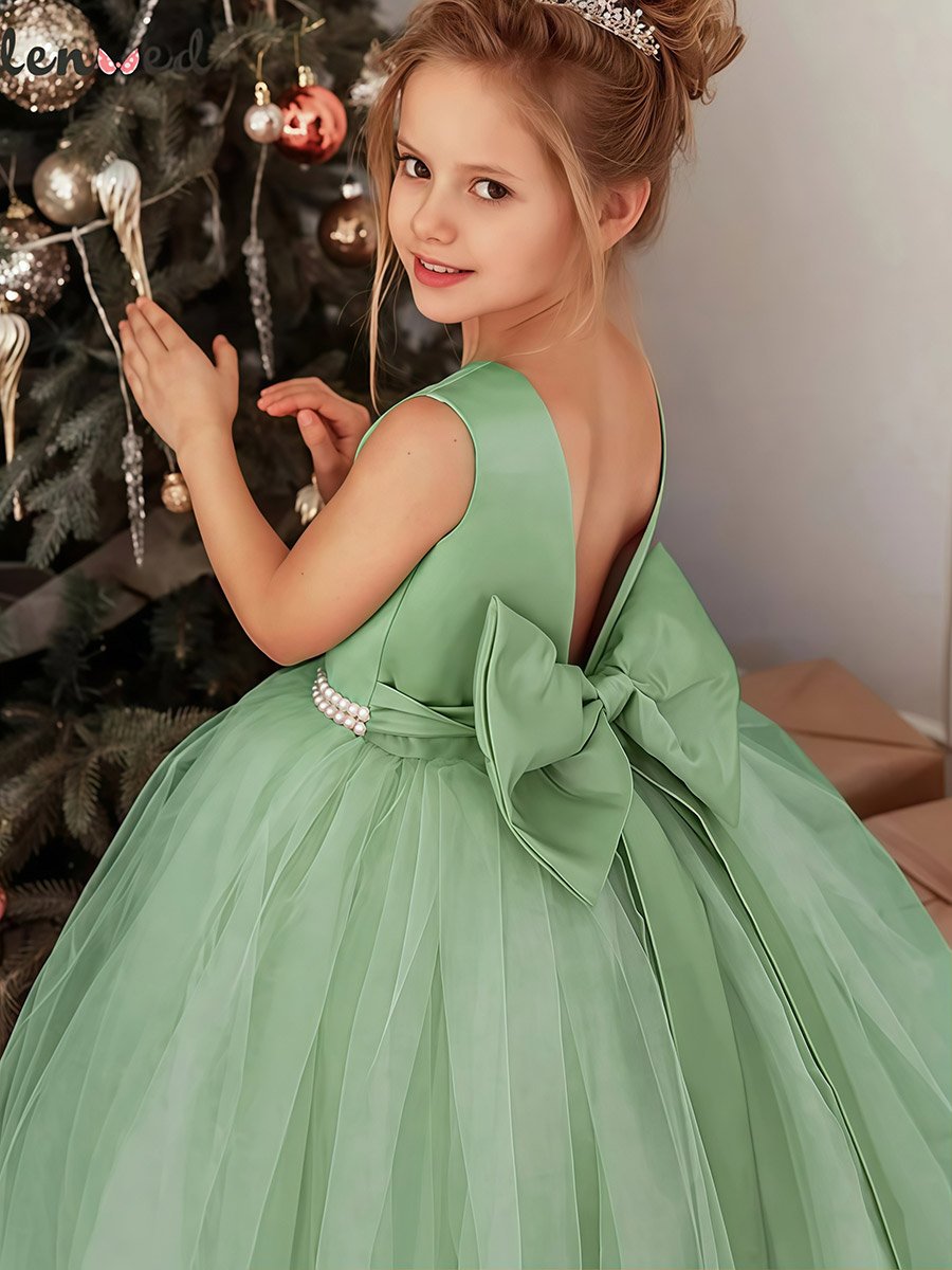 Girls Green Floral Lace Deep V-Back Maxi Dress