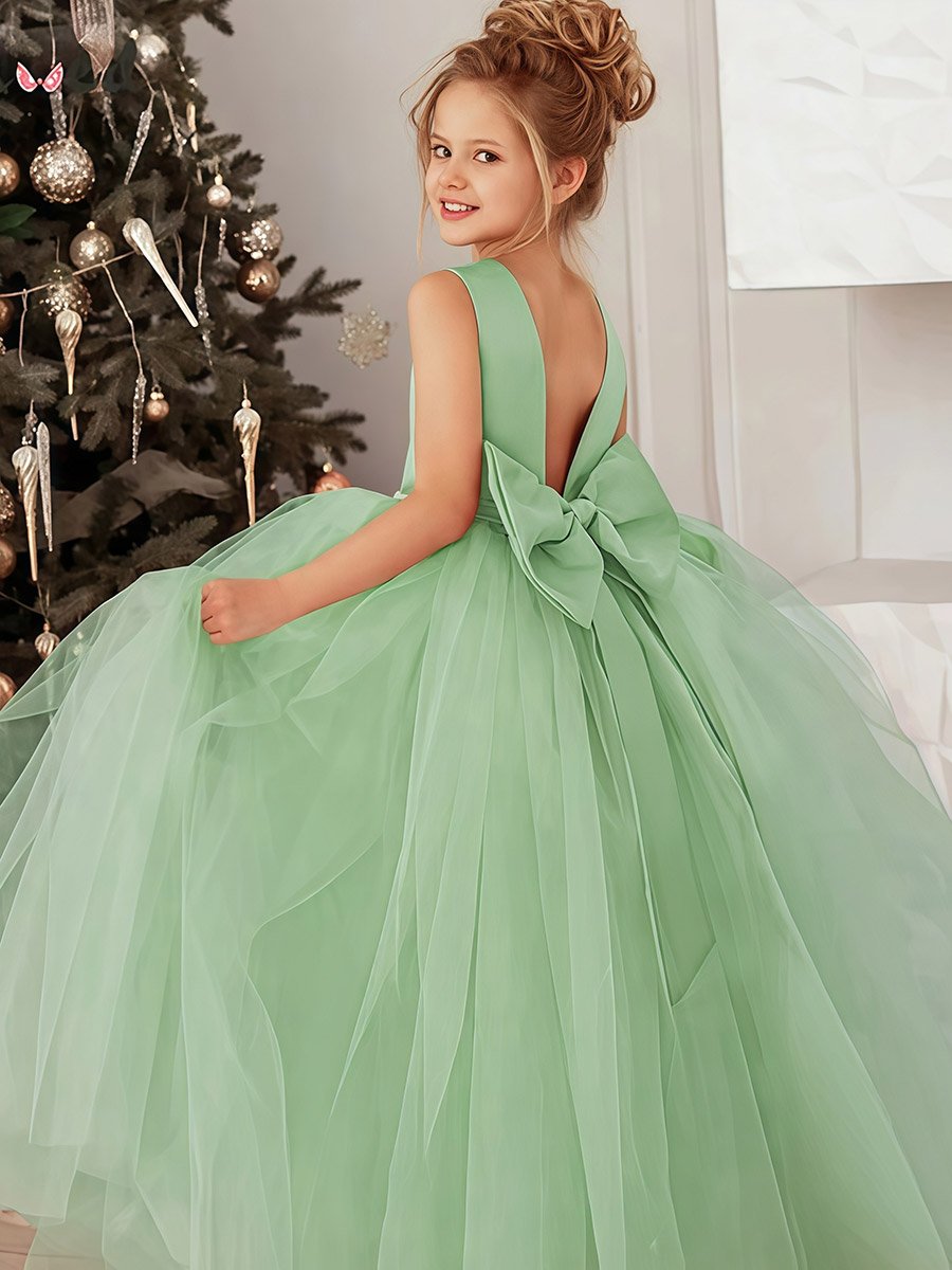 Girls Green Floral Lace Deep V-Back Maxi Dress