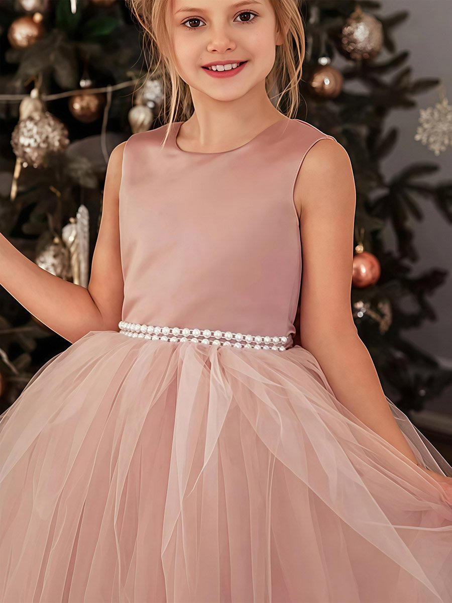 Girls Pink Faux Pearl Embellished Sleeveless Maxi Dress