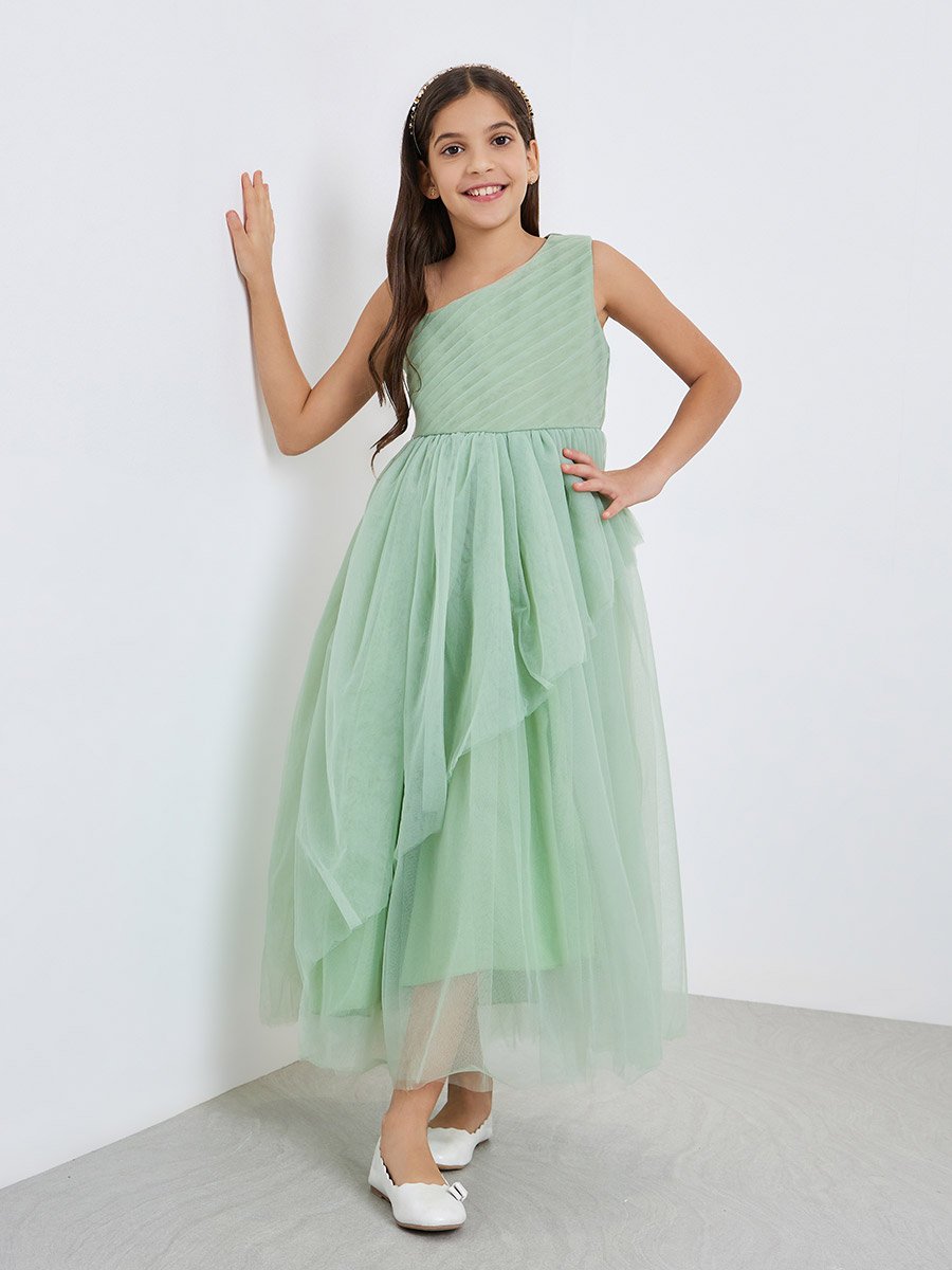 Girls Green Mesh One Shoulder Maxi Dress