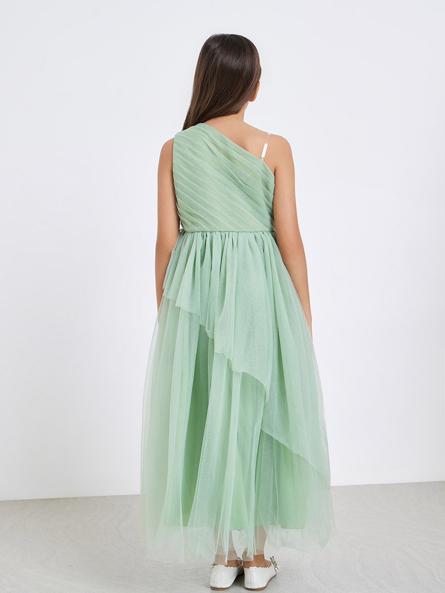 Girls Green Mesh One Shoulder Maxi Dress