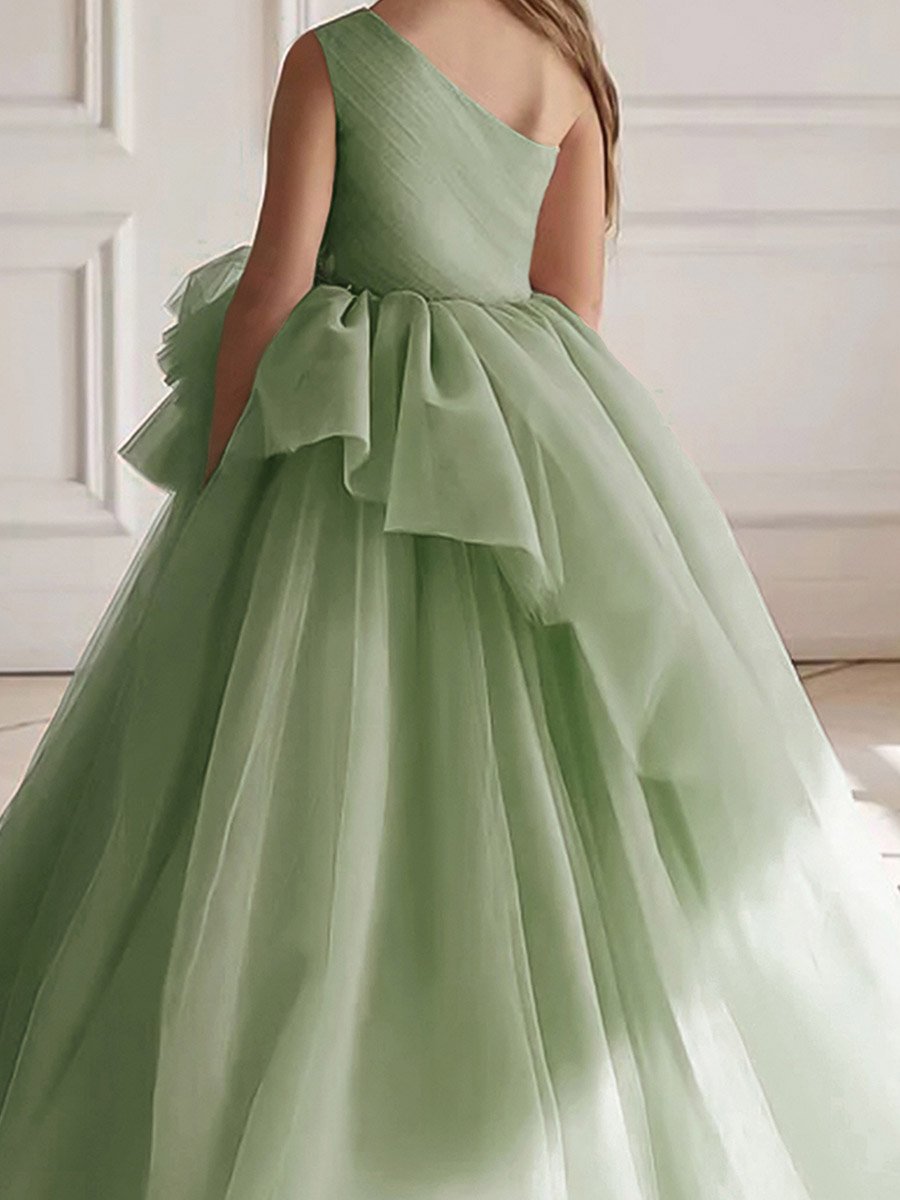 Girls Green Mesh One Shoulder Maxi Dress