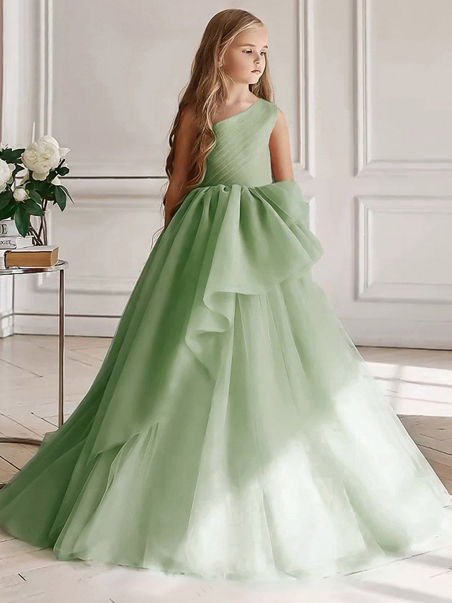 Girls Green Mesh One Shoulder Maxi Dress