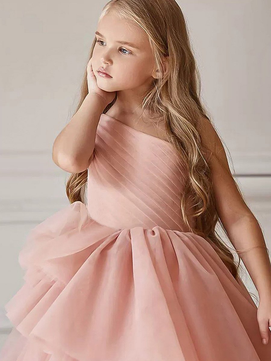 Girls Pink Ruffle Detail One Shoulder Maxi Dress