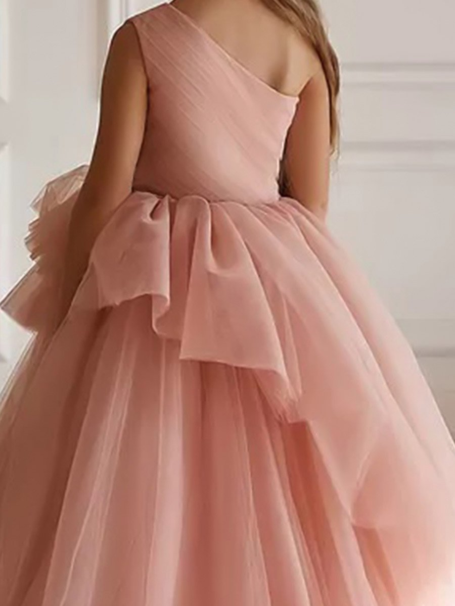 Girls Pink Ruffle Detail One Shoulder Maxi Dress