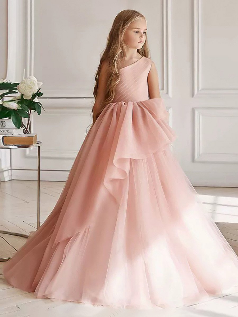 Girls Pink Ruffle Detail One Shoulder Maxi Dress