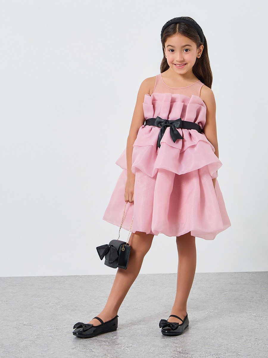 Girls Pink Bow Detail Ruffled Layered Dress