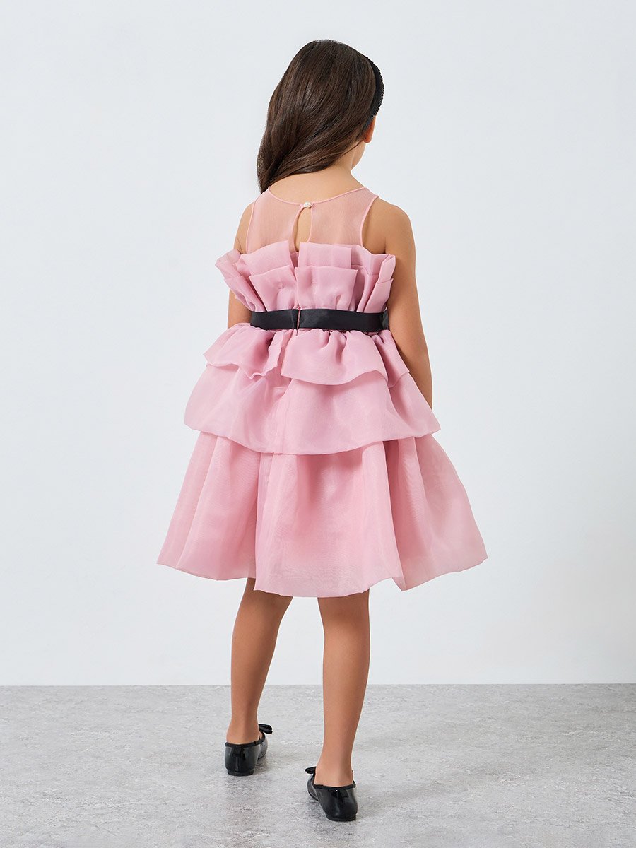 Girls Pink Bow Detail Ruffled Layered Dress