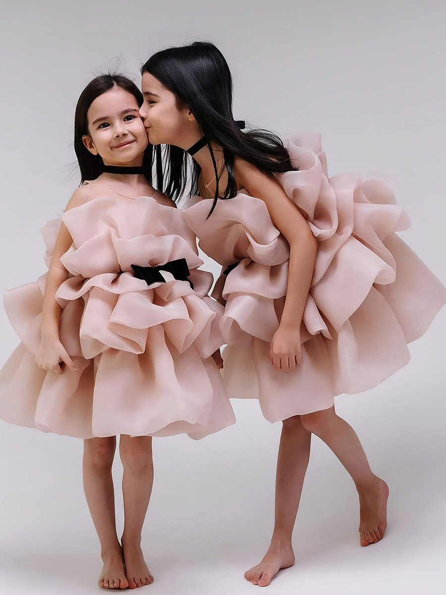 Girls Pink Bow Detail Ruffled Layered Dress