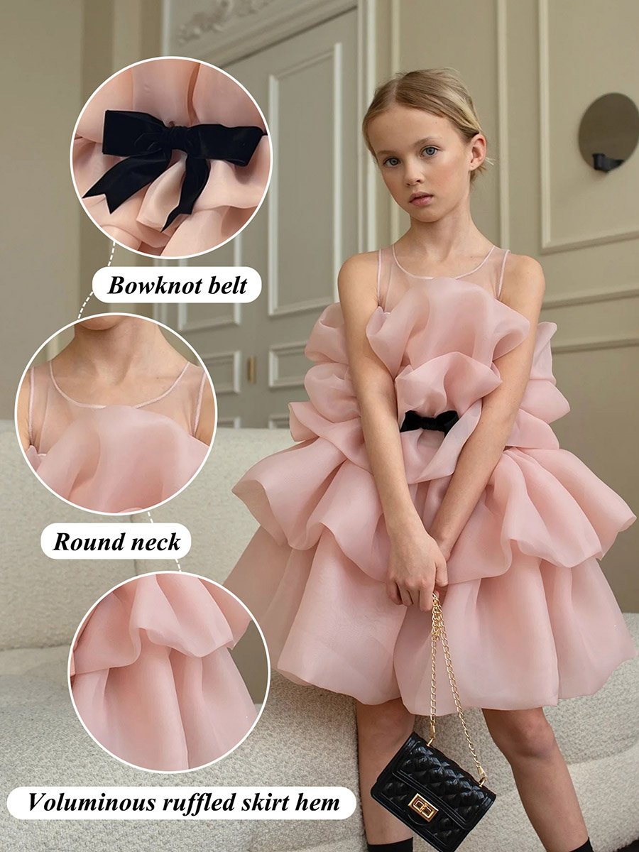 Girls Pink Bow Detail Ruffled Layered Dress