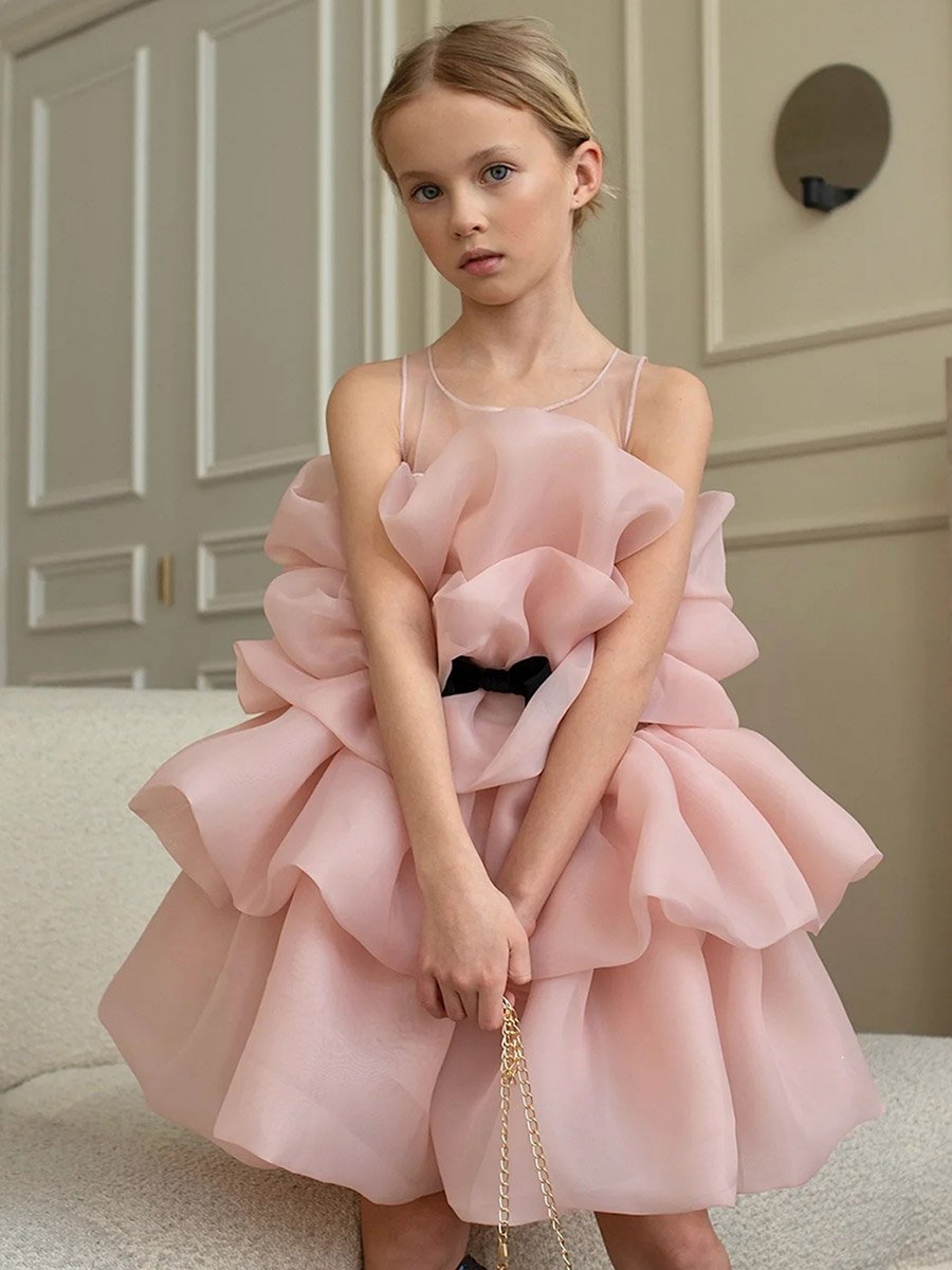 Girls Pink Bow Detail Ruffled Layered Dress