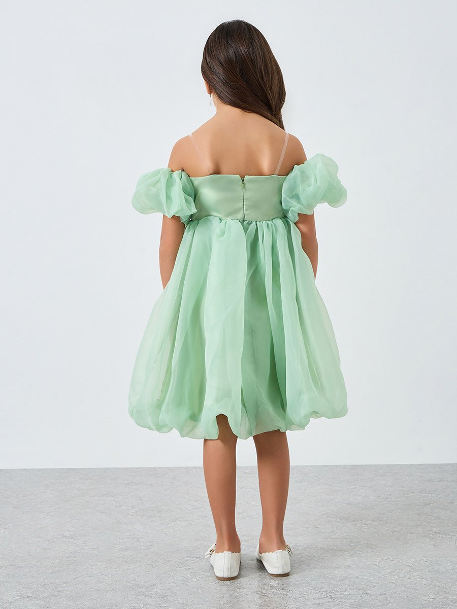 Girls Green Puff Sleeve Bow Detail Dress