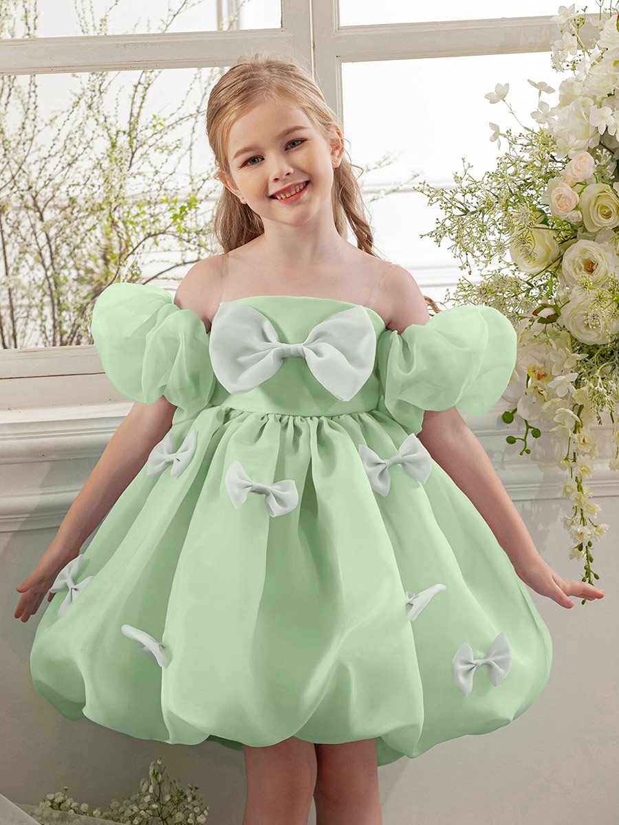 Girls Green Puff Sleeve Bow Detail Dress