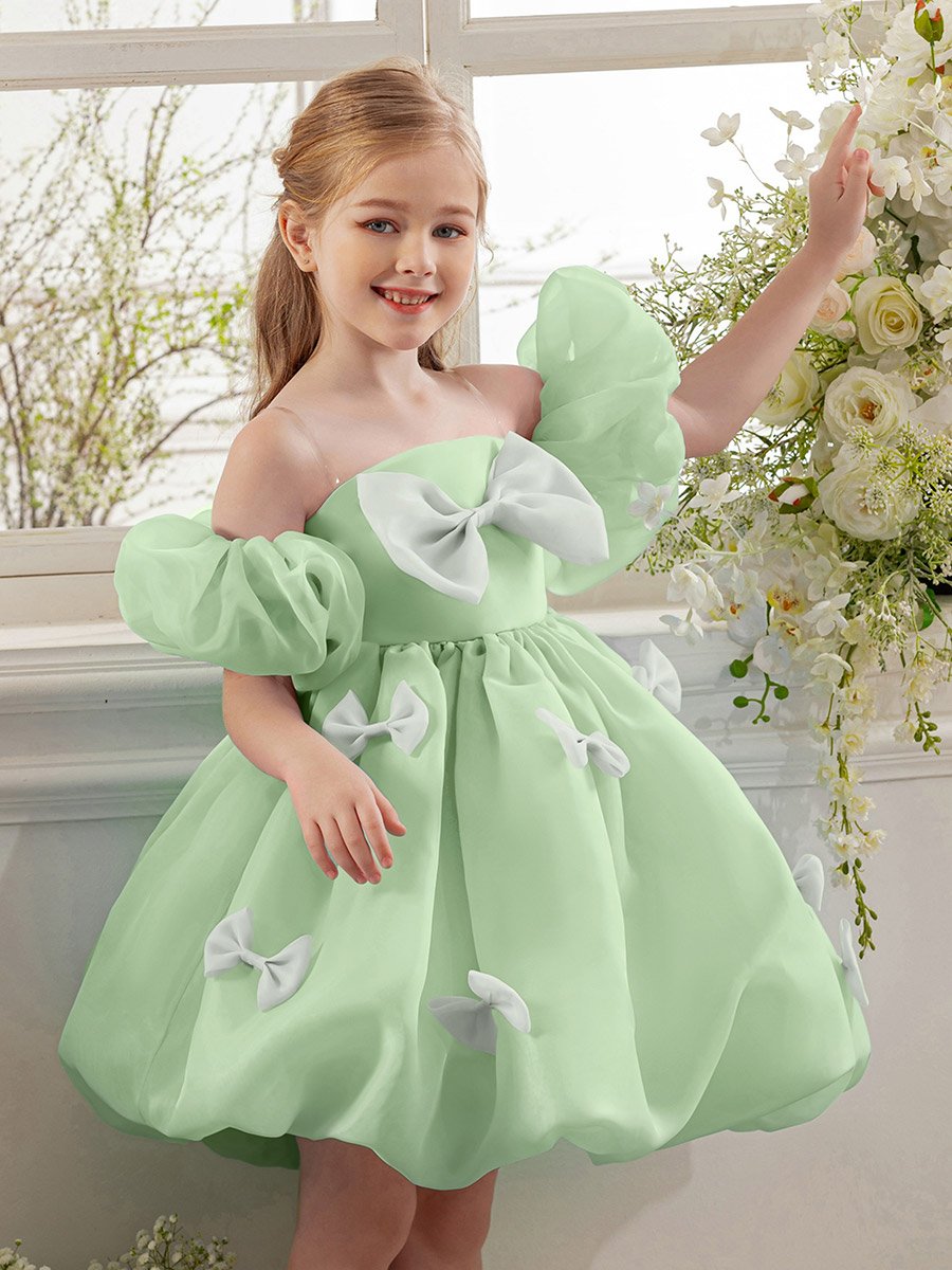 Girls Green Puff Sleeve Bow Detail Dress