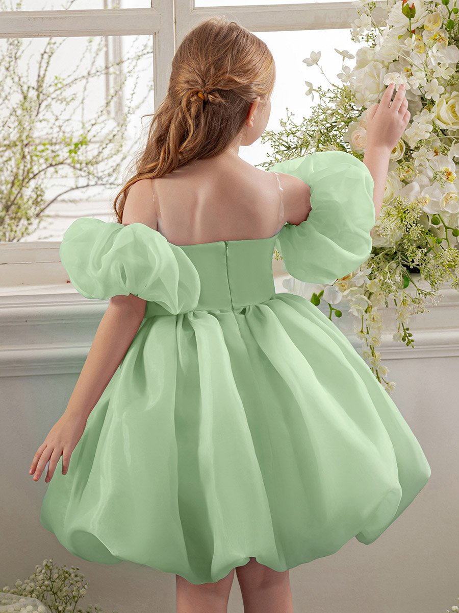Girls Green Puff Sleeve Bow Detail Dress