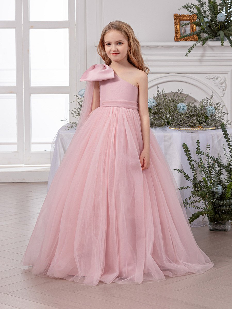 Girls Pink One Shoulder Mesh Maxi Dress