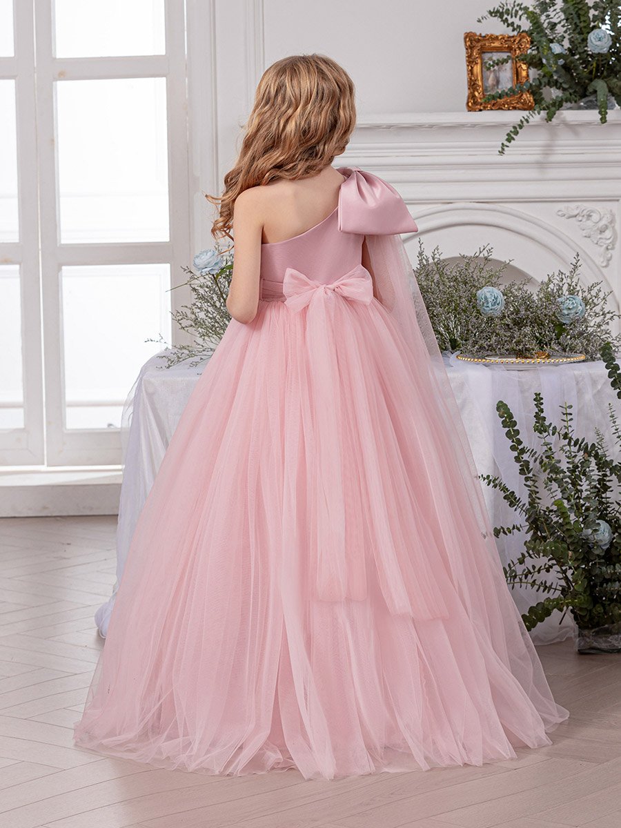 Girls Pink One Shoulder Mesh Maxi Dress