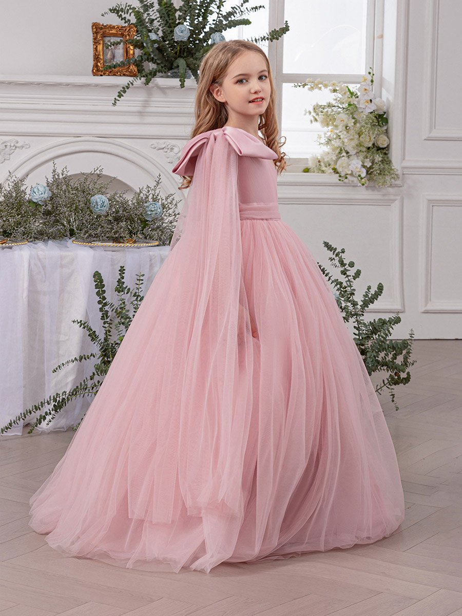 Girls Pink One Shoulder Mesh Maxi Dress
