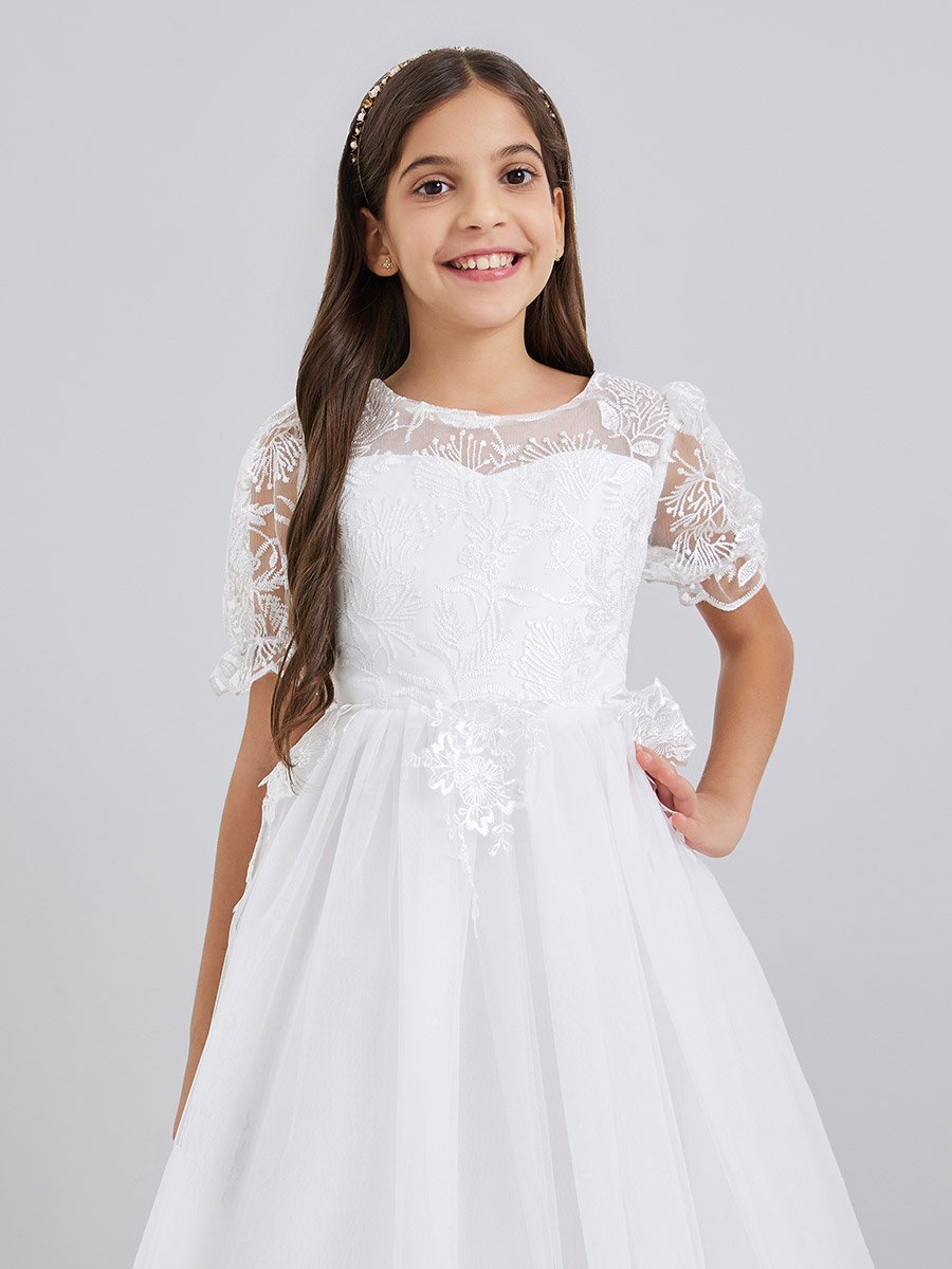 Girls White Floral Lace Deep V-Back Maxi Dress