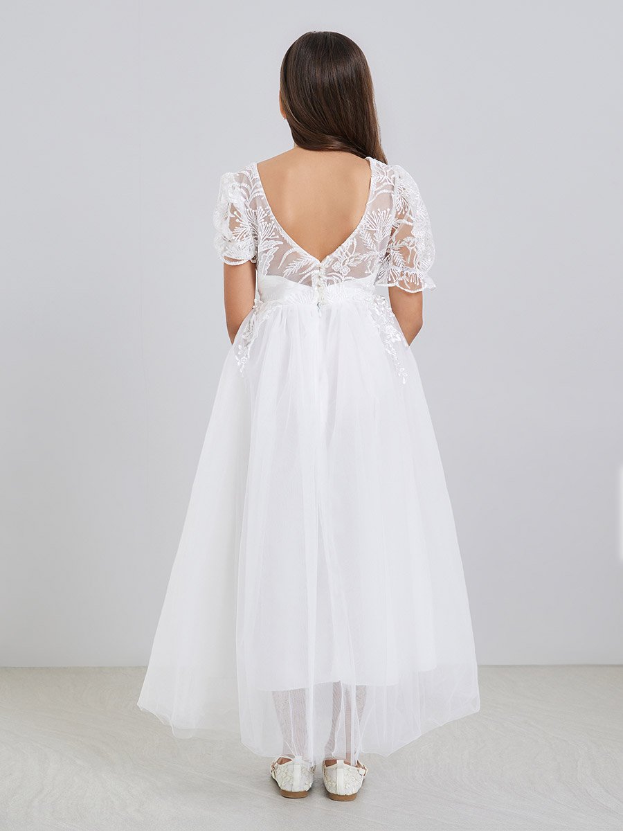 Girls White Floral Lace Deep V-Back Maxi Dress