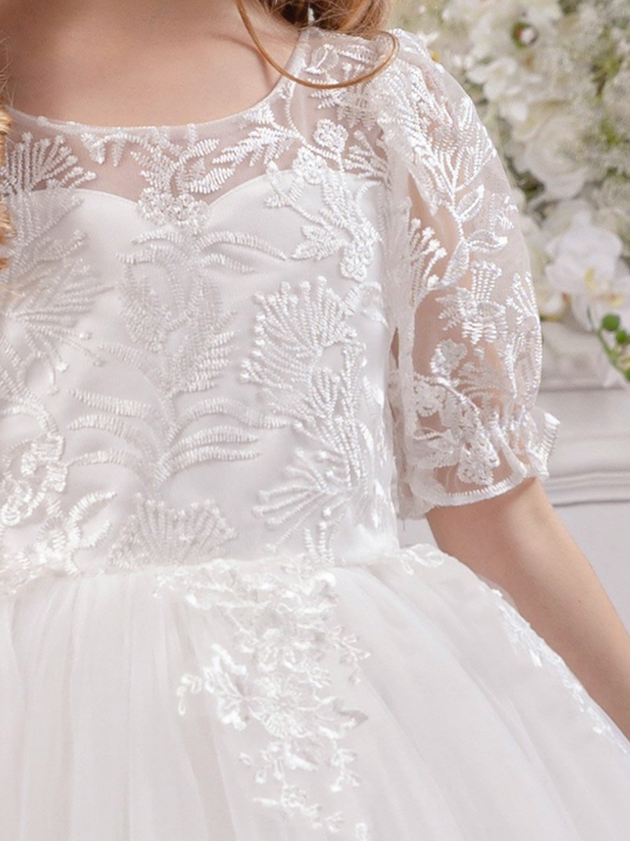 Girls White Floral Lace Deep V-Back Maxi Dress