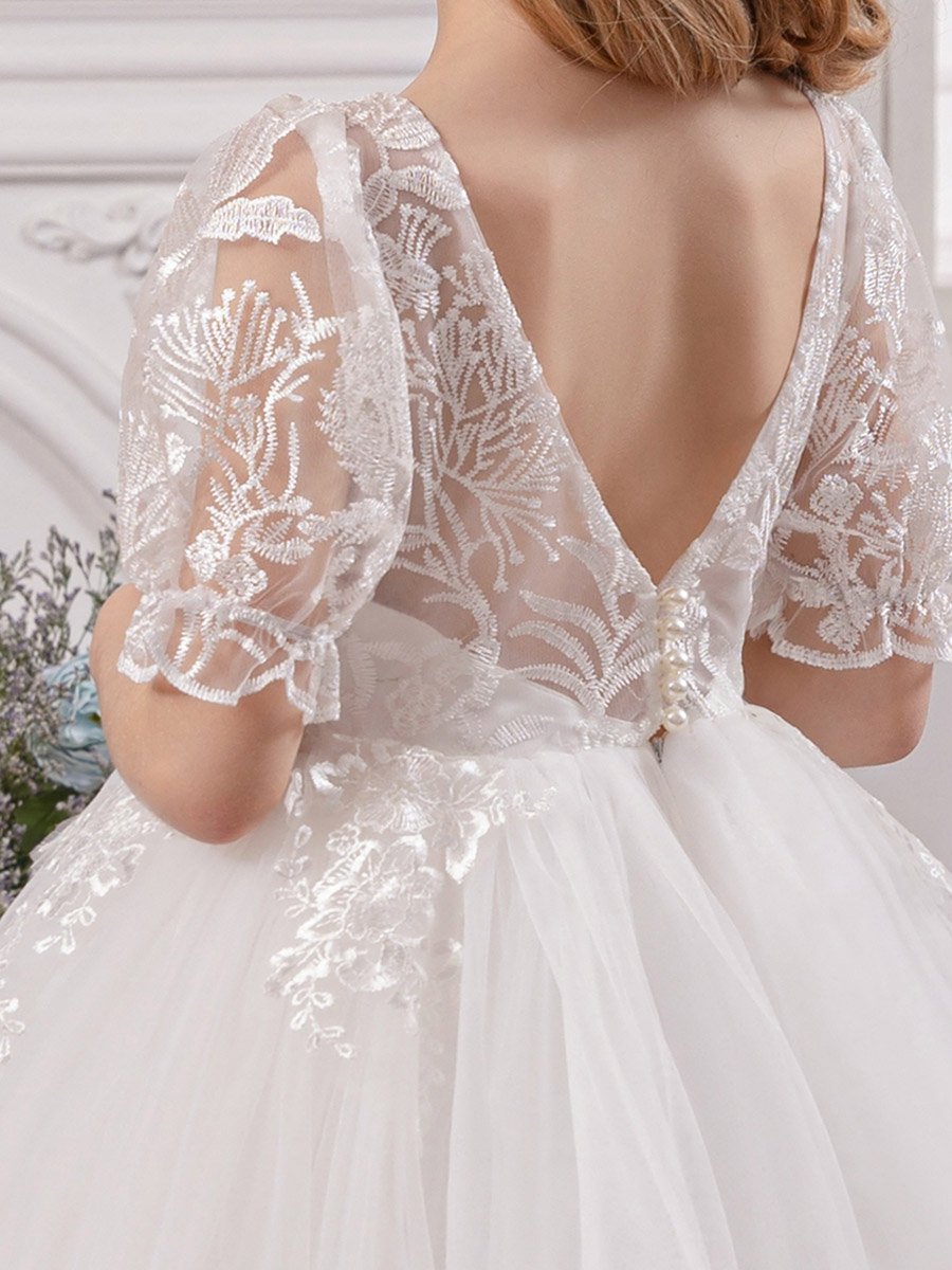 Girls White Floral Lace Deep V-Back Maxi Dress