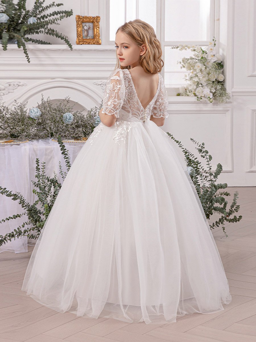 knee length dresses for ladies *Preorder* Pleated Capped Sleeve Long Girls Dress 2 / White