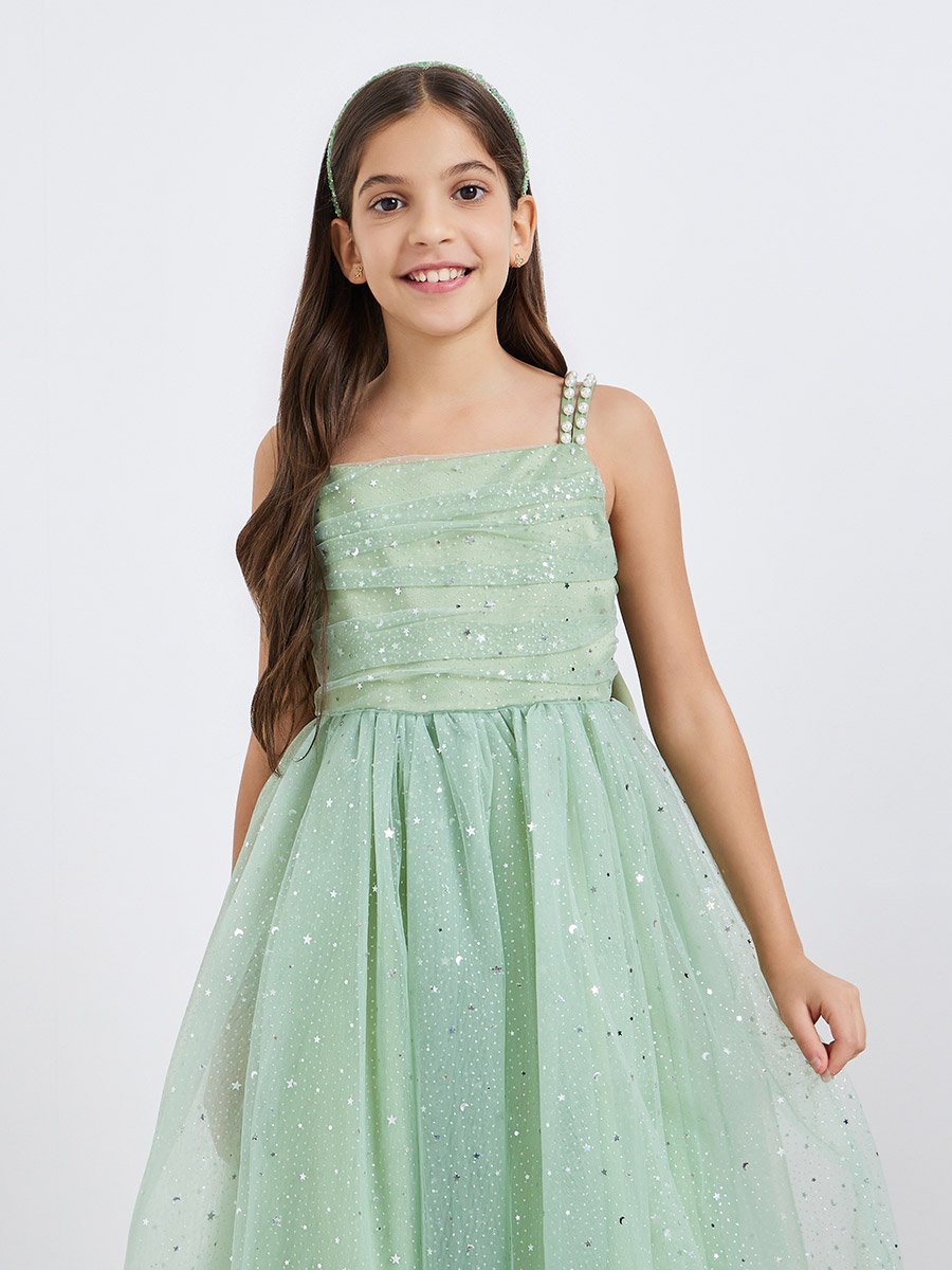 Girls Bow Detail Embellished Maxi Dress