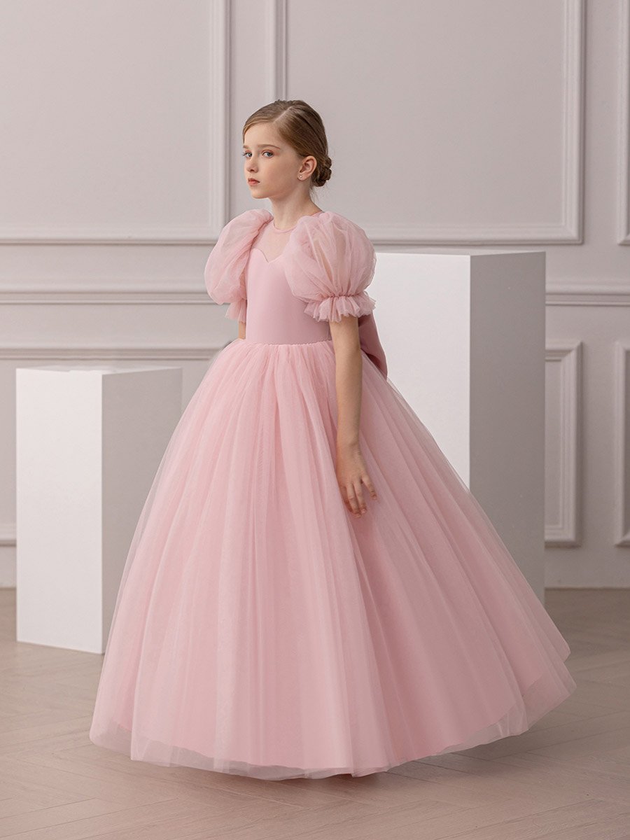 Girls Pink Puff Sleeve Embellished Maxi Dress