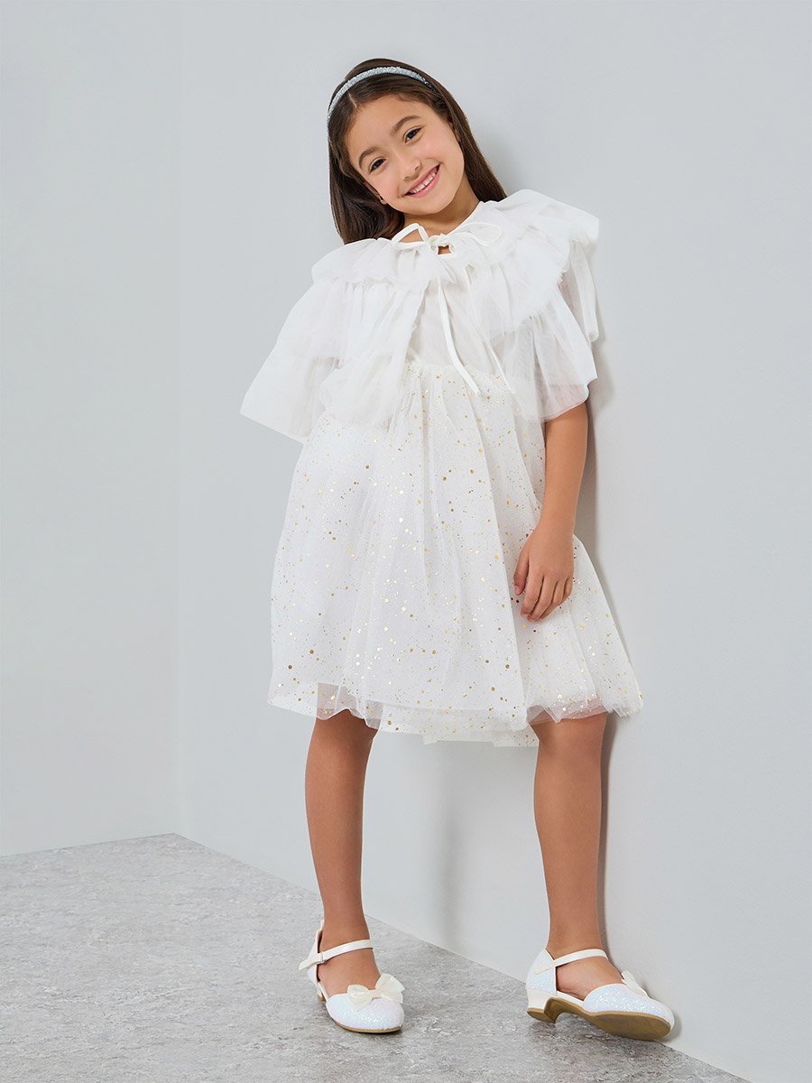 Girls Embellished Strappy Mesh Dress with Tulle Cape